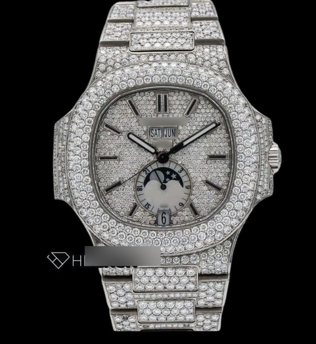 Patek Philippe Nautilus Moonphase White Dial Stick Markers Diamond Bezel