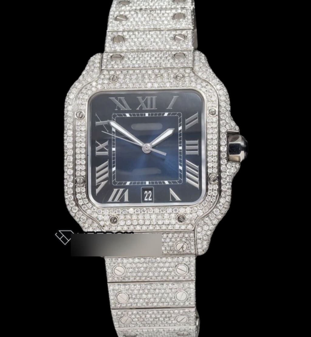 Cartier Santos Blue Dial Roman Numerals Diamond Bezel Fully Iced Out