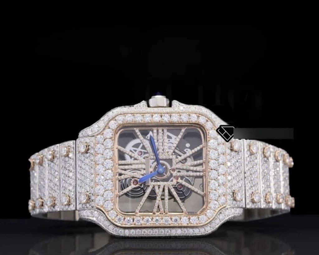 Cartier Santos Skeleton Dial Diamond Bezel Fully Iced Out Two Tone Rose Gold
