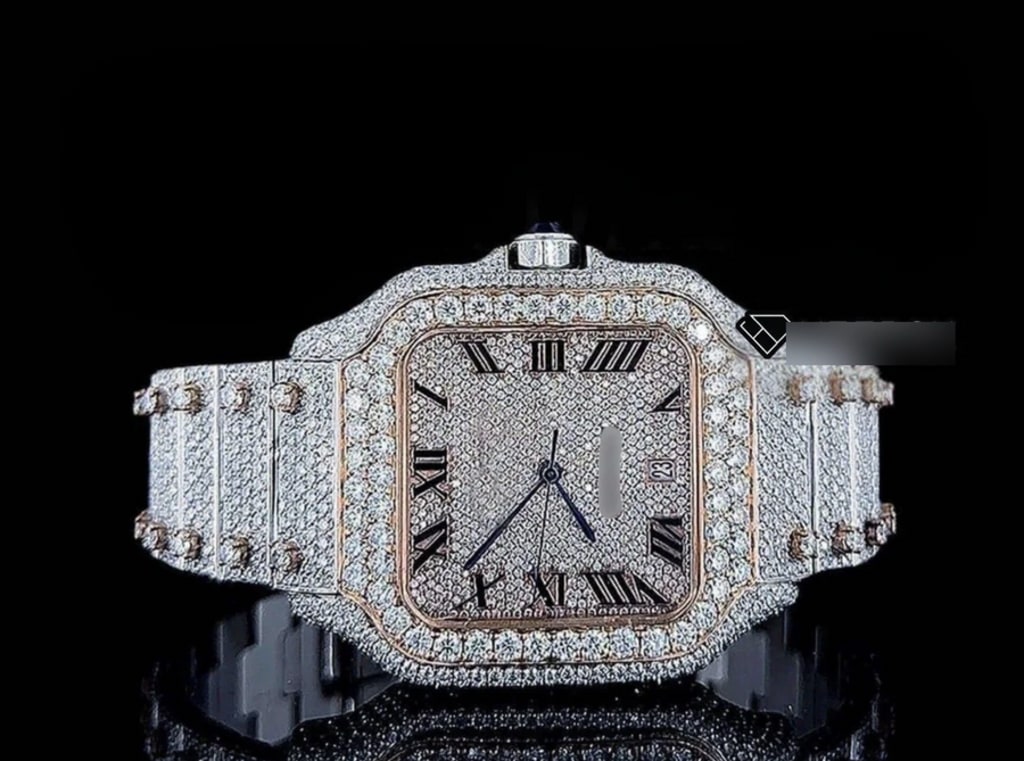 Cartier Santos Rose Gold Black Roman Numerals Two Tone fully Iced Out
